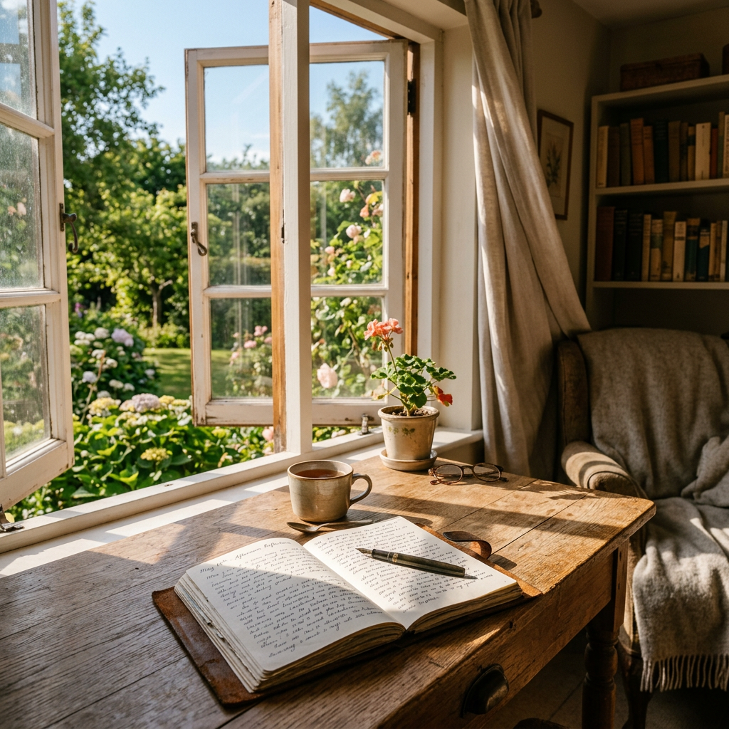Open notebook with pen, cup of tea, and potted plant on wooden table by open window